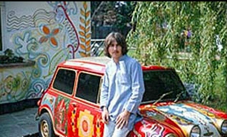 George Harrison at Kinfauns with his psychedelic Mini painted by The Fool George Harrison at Kinfauns with his psychedelic Mini painted by The Fool
