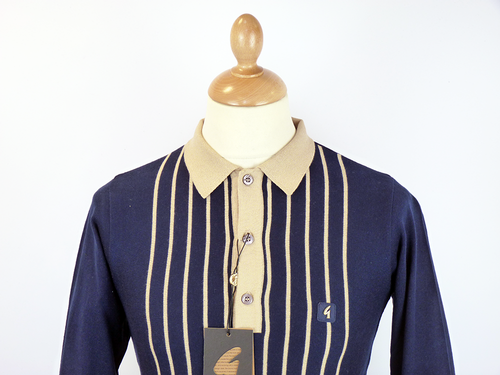 GABICCI VINTAGE Wood Retro 60s Mod Stripe Knit Polo Shirt